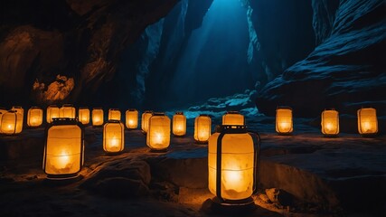 Canvas Print - soft glow of lanterns deep cave background backdrop