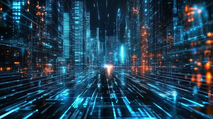 Poster - Futuristic Cityscape with Glowing Lines and Digital Structures