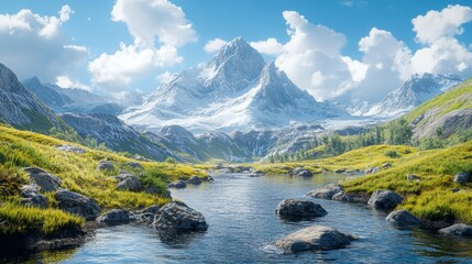 Wall Mural - A mountain range with a river running through it