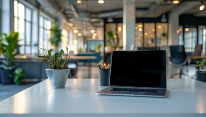 Poster - Laptop, Plant, and Pencils on a White Desk in a Modern Office