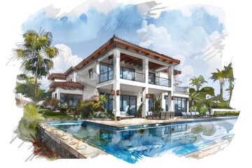 Poster - A residential house with a swimming pool on the premises