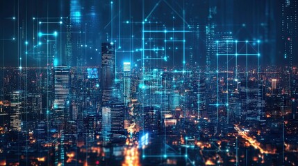 Poster - A futuristic city skyline illuminated by digital networks and glowing lights.