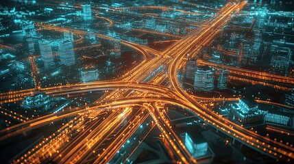 Poster - Aerial View of a City at Night with Illuminated Highways and Buildings