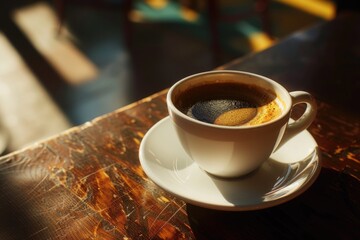 Poster - A cup of coffee on a saucer sitting on a table, perfect for a morning pick-me-up or a cozy evening moment