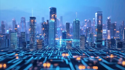 Poster - Futuristic Cityscape with Glowing Blue Circuitry Network