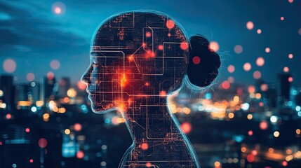 Poster - Digitalized Human Silhouette Over a Cityscape at Night