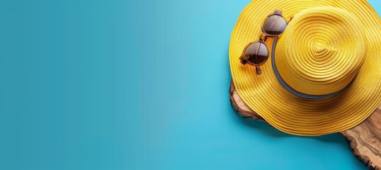 Wall Mural - Yellow Straw Hat and Sunglasses on a Blue Background