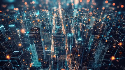 Poster - Aerial View of a City at Night with Network Connections