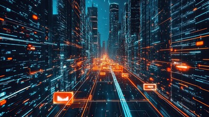 Poster - Futuristic Cityscape with Neon Lights and Digital Grids