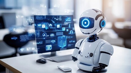 Poster - White Robot with Blue Eye and Headset Sitting on a Desk in Front of a Computer Screen