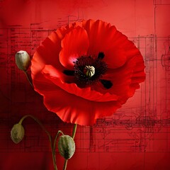 Poster -  red-poppy-flower-on-red-architectural-blueprint-background