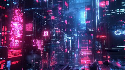 Poster - A Futuristic Cityscape Composed of Neon-Lit Digital Screens