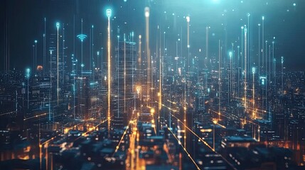 Poster - Futuristic Cityscape with Illuminated Network of Digital Connections
