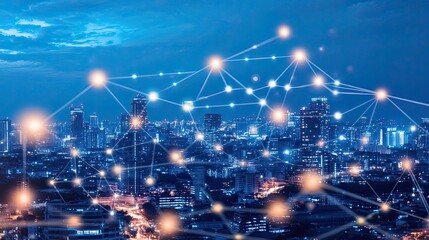 Poster - Cityscape with a Network of Connected Lights at Night