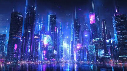 Poster - Futuristic Cityscape with Vibrant Neon Lights Reflecting on Water