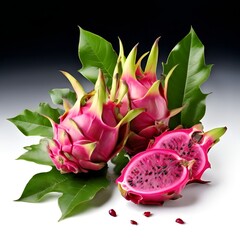 Sticker -  dragon-fruits-with-leaves-isolated-on-white-background