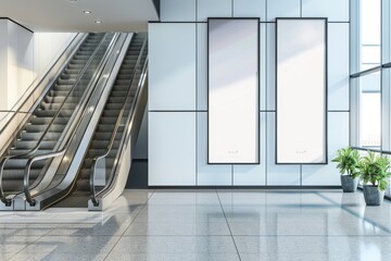 Wall Mural - Modern Office Lobby with Escalator and Blank Posters