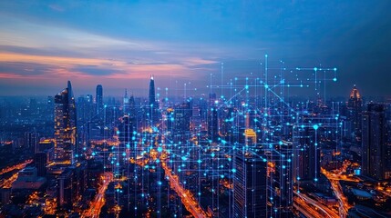 Sticker - A Nighttime Aerial View of a Modern Cityscape with Illuminated Buildings and a Network of Blue Lines.