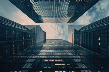 Wall Mural - Tall skyscraper standing amidst bustling cityscape with towering buildings and busy streets