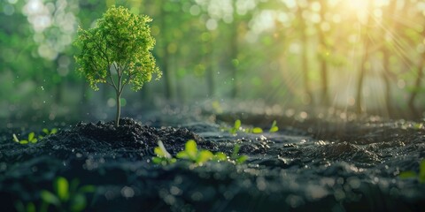 Poster - A small tree growing in the middle of an open field, surrounded by green grass and blue sky