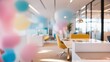 © Viewvie - Blurred photo of office interior with colorful balloons. Abstract background.