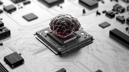 A conceptual fusion of technology and intellect, illustrating a brain atop a computer chip, symbolizing artificial intelligence.