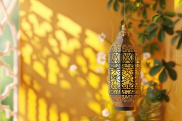 Poster - A decorative lantern hanging from a tree branch in front of a bright yellow wall