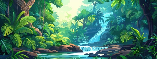 Wall Mural - A rainforest landscape with a river flowing through it. Cartoon illustration.