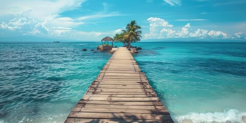 Aufkleber - A wooden pier stretches out into the calm blue ocean at sunset