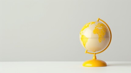 Poster - a simple yellow globe on a stand, against a clean white background. the image provides plenty of cop