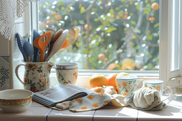 Aufkleber - Bookshelf with books, cups, and oranges on a windowsill