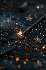 Sticker - A sparkler lying on the ground with a star shining brightly in the background