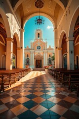 Aufkleber - A church with a clock tower and checkered floor, great for use in architecture or interior design images