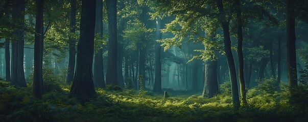 Wall Mural - Mystical Forest Illustration - Deep Green Woods with Light Filtering Through the Canopies