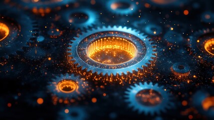 Poster - Gears glow with orange light amidst vibrant blue particles in a dark setting