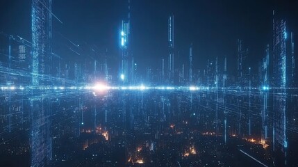 Poster - A Digital Cityscape at Night with Glowing Lines and Towers