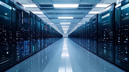 Poster - Rows of high-performance servers are arranged neatly in a bright data center, illuminated by LED lights during the daytime.