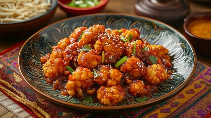 Poster - A vibrant dish features crispy cauliflower tossed in a spicy sauce, garnished with herbs, set on a beautifully patterned plate