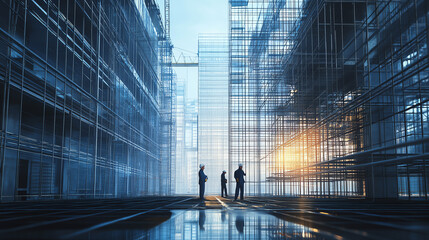 Wall Mural - Silhouetted professionals discussing amidst tall glass buildings with sunlight filtering through, symbolizing modern urban planning and architecture.