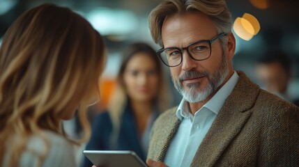 A businessman interacts with a colleague while discussing information on a tablet in the office