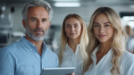 A team of three professionals engaged in a work discussion with a tablet in a bright office