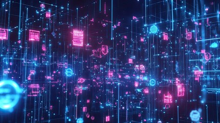 Poster - Abstract digital network with glowing blue and pink lines and icons