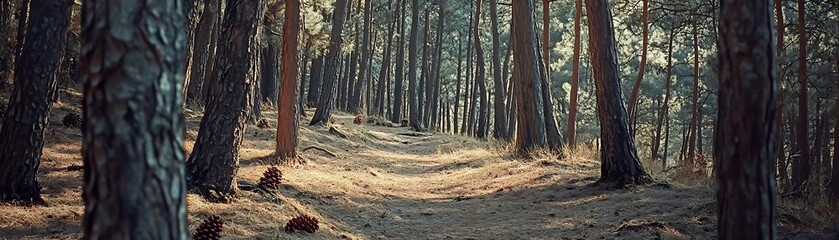 Wall Mural - Forest Path with Pine Trees and Sunlight, Photo