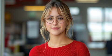 A young woman stands confidently indoors, showcasing her casual style and warm smile