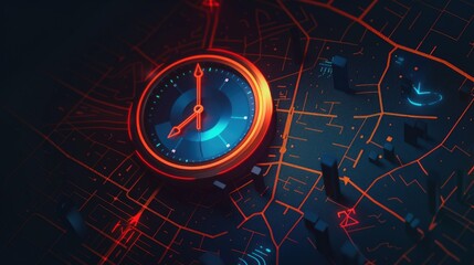 Fototapete - A detailed view of a clock face on a map, ideal for use in travel or navigation themes