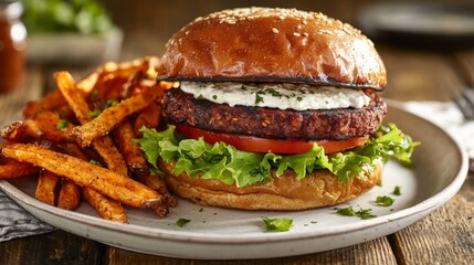 Poster - A fresh veggie burger topped with goat cheese and served alongside crunchy sweet potato fries on a rustic wooden table