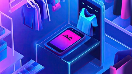 Poster - Smartphone with Sad Face Emoji in Neon-Lit Clothing Store
