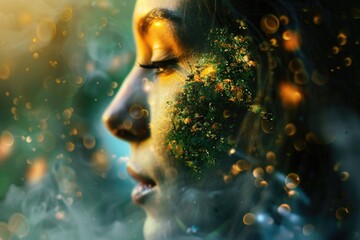Poster - Close-up of a woman's face with sparkling glitter makeup, ideal for beauty or fashion uses