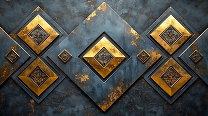 Poster - Decorative wall design showcasing a dynamic pattern of gold and blue geometric shapes