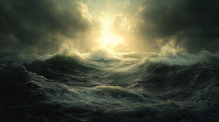 Wall Mural - Stormy Sea with Light Breaking Through Dark Clouds